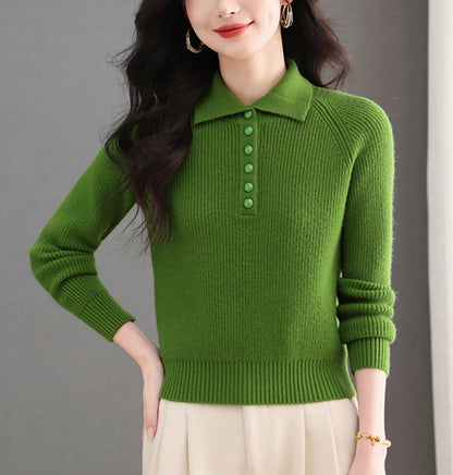 Women's Ribbed Knit Polo Top — Soft Button-Front Sweater