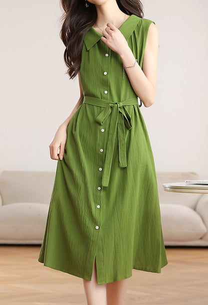 Green Sleeveless Button Front Belted Midi Dress with Pockets