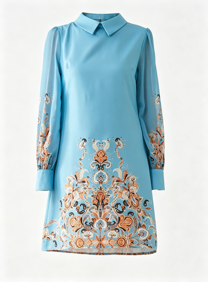 Blue Floral Mini Dress with Chiffon Sleeves - LAI MENG FIVE CATS