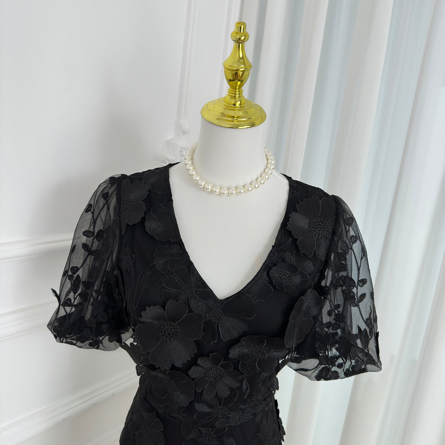 Black Floral Embroidered V-neck Mini Dress