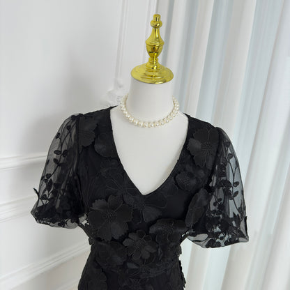 Black Floral Embroidered V-neck Mini Dress