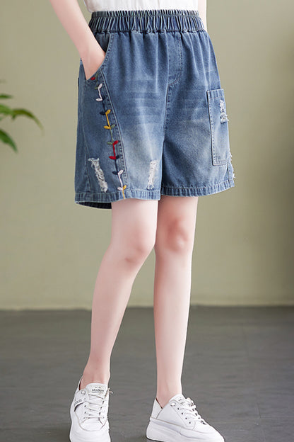 Women's Baggy Pull On Jeans Ripped Denim Shorts - LAI MENG FIVE CATS