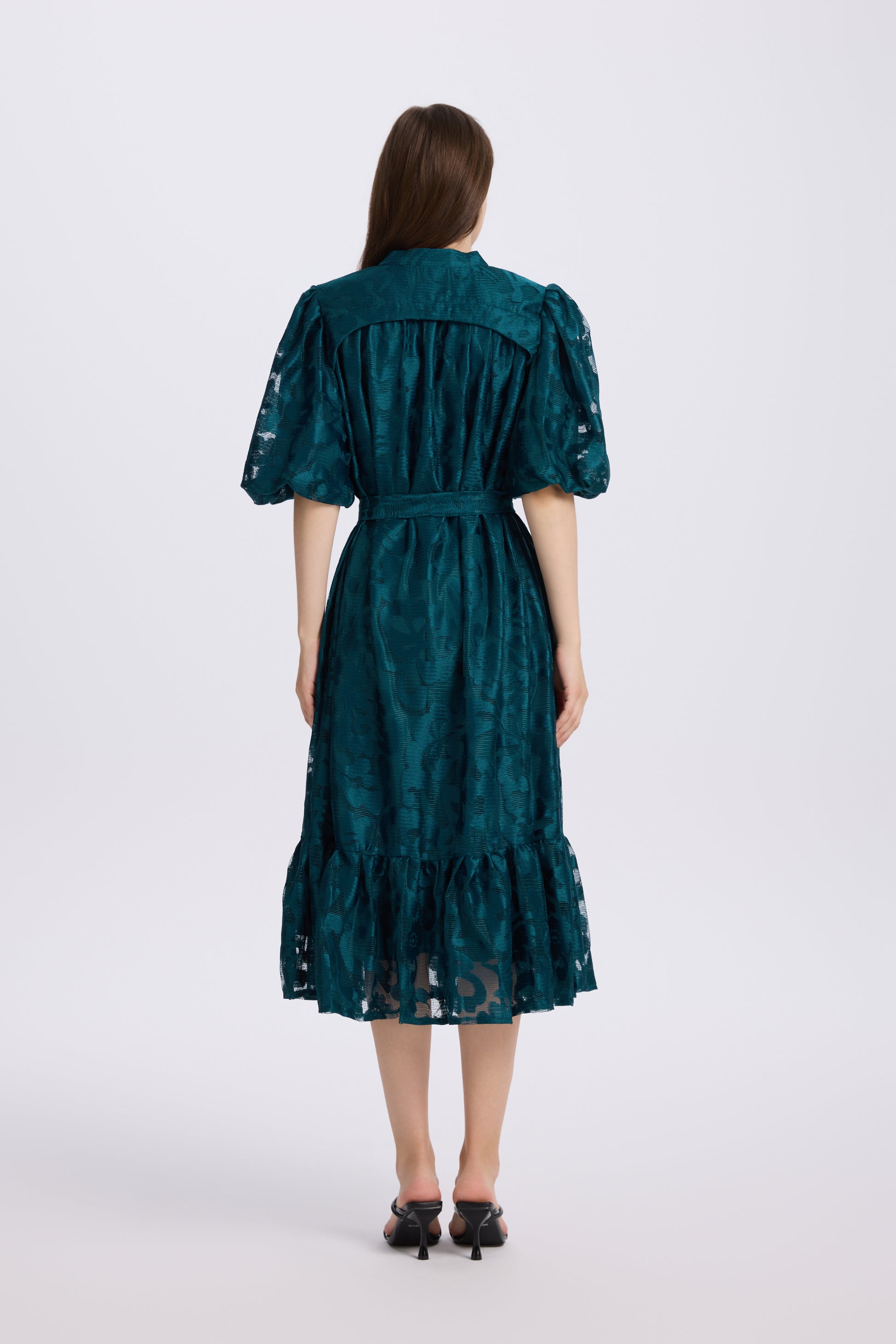 Loose Lace Midi Dress with Front Buttons, Ruffle Hem & Fully Lined - LAI MENG FIVE CATS