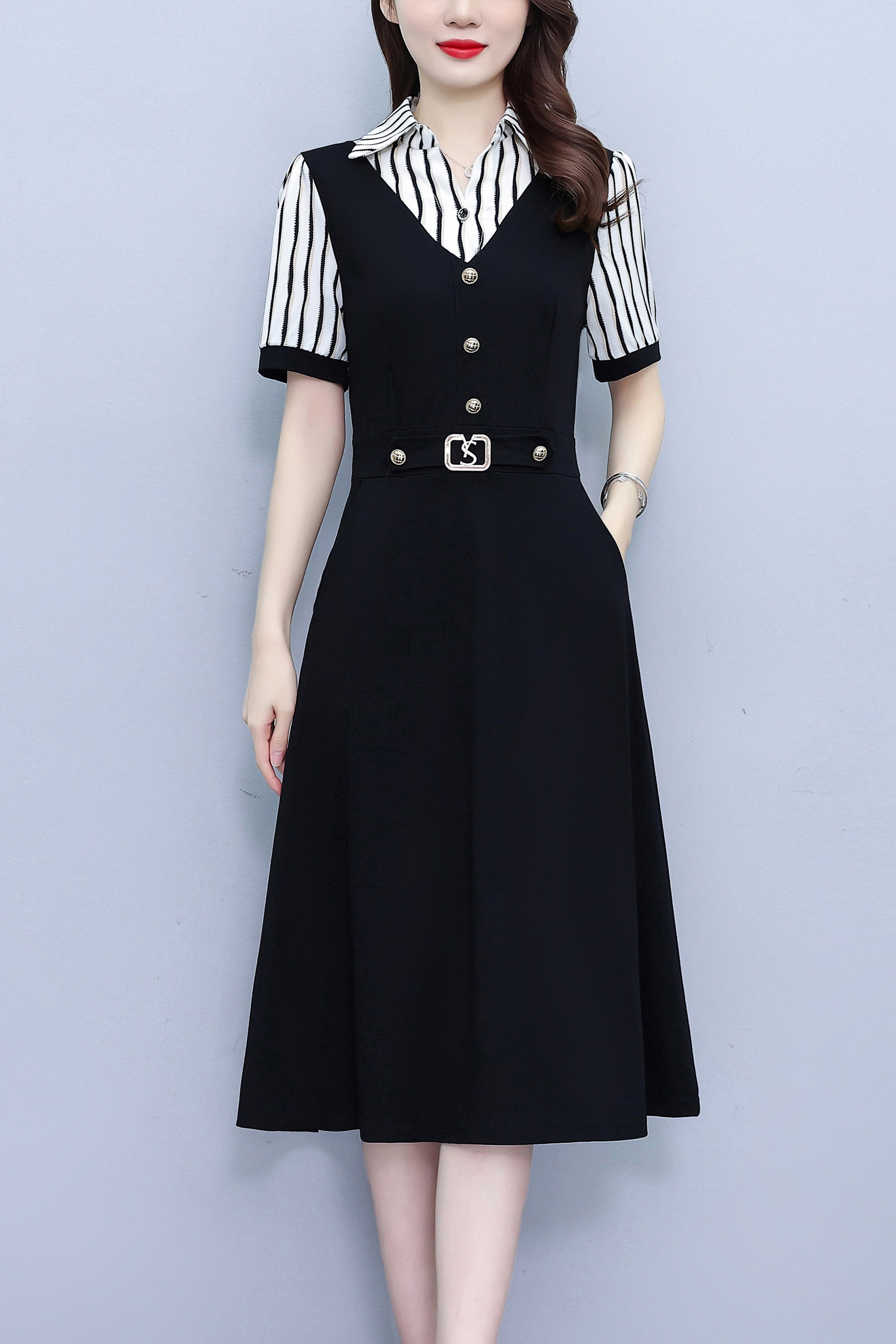Women's Lapel V-Neck Pocket Short Sleeve Midi Dress - LAI MENG FIVE CATS