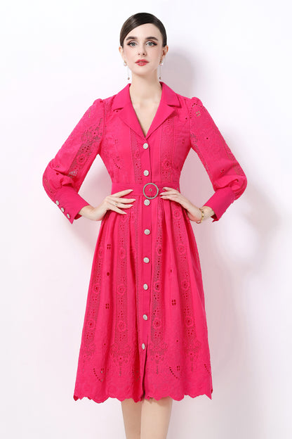 Women's Puff Sleeve Lace Hollow Out Midi Dress