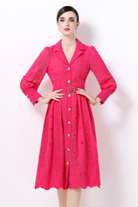 Women's Puff Sleeve Lace Hollow Out Midi Dress