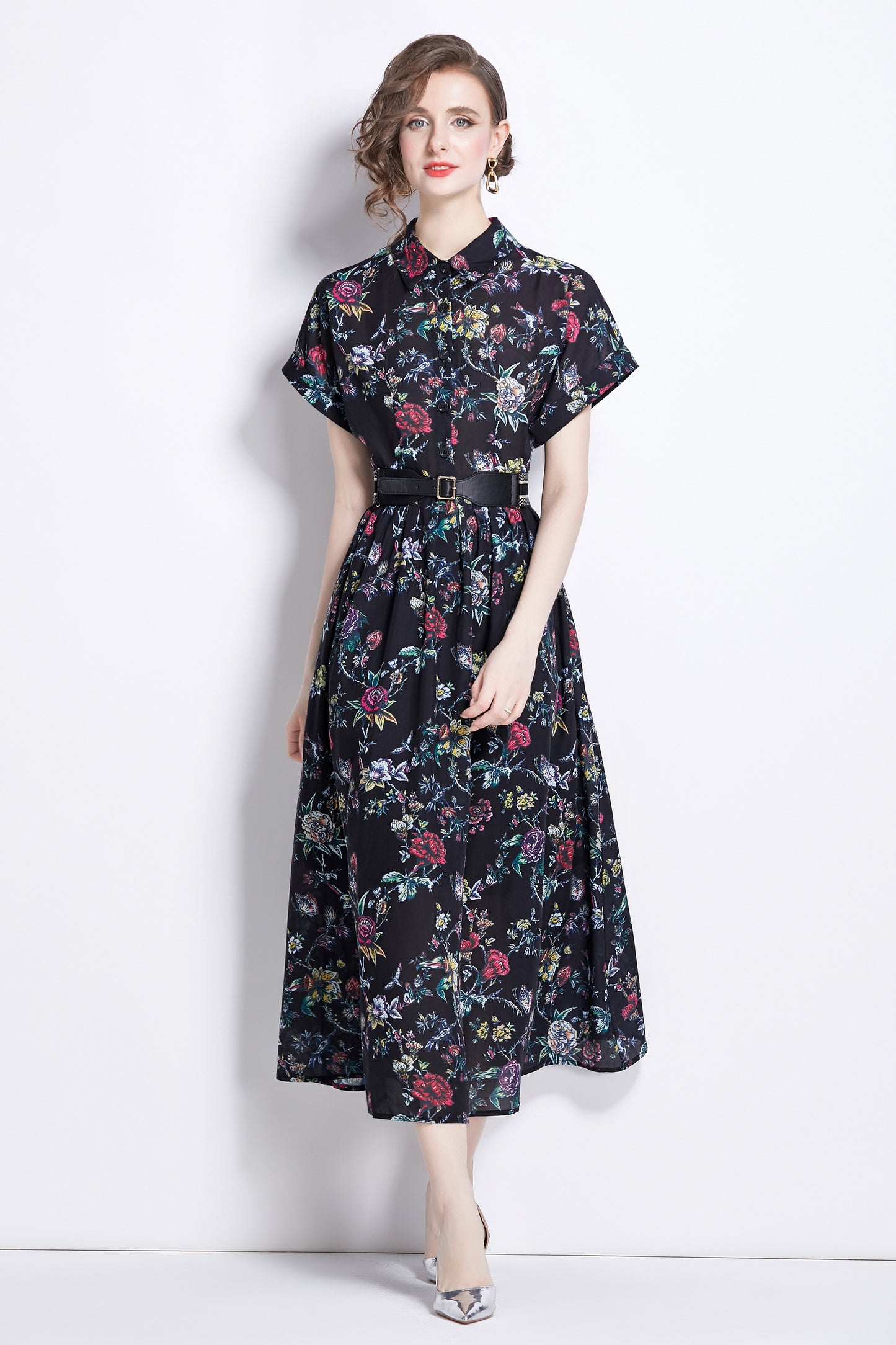 Women's Short Sleeves Collar Printed Midi Dress