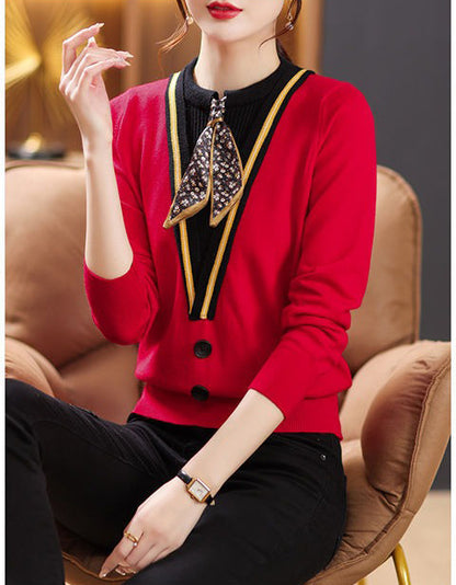 Tie-Neck Knit Sweater for Women | Lightweight Fall Pullover with Vintage-Inspired Collar