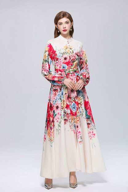 26-Women Floral Print Button Flowy Maxi Belt Dress
