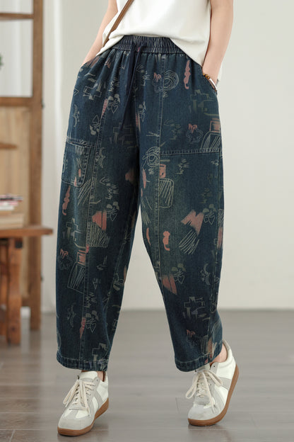 Women's Baggy Jeans Drawstring Elastic Barrel Denim Pants