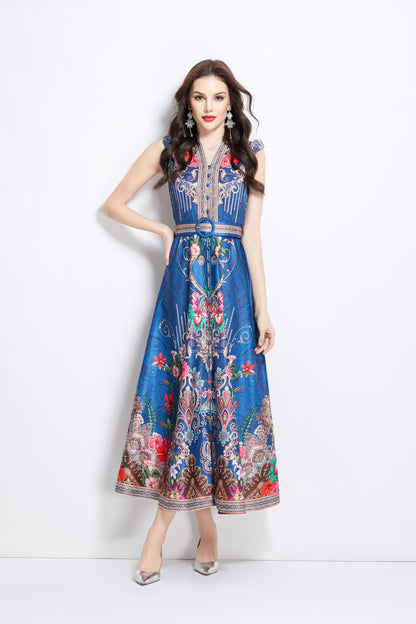 Women's Floral Print V-Neck Sleeveless Maxi Dress