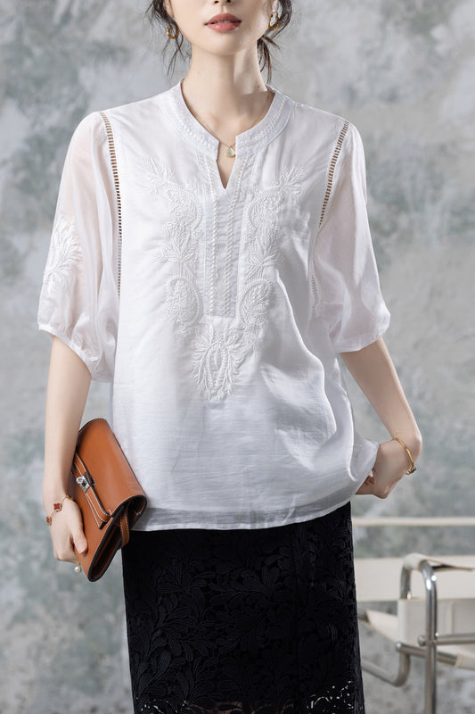 Women's V Neck Lace Tops 1/2 Sleeve Blouse