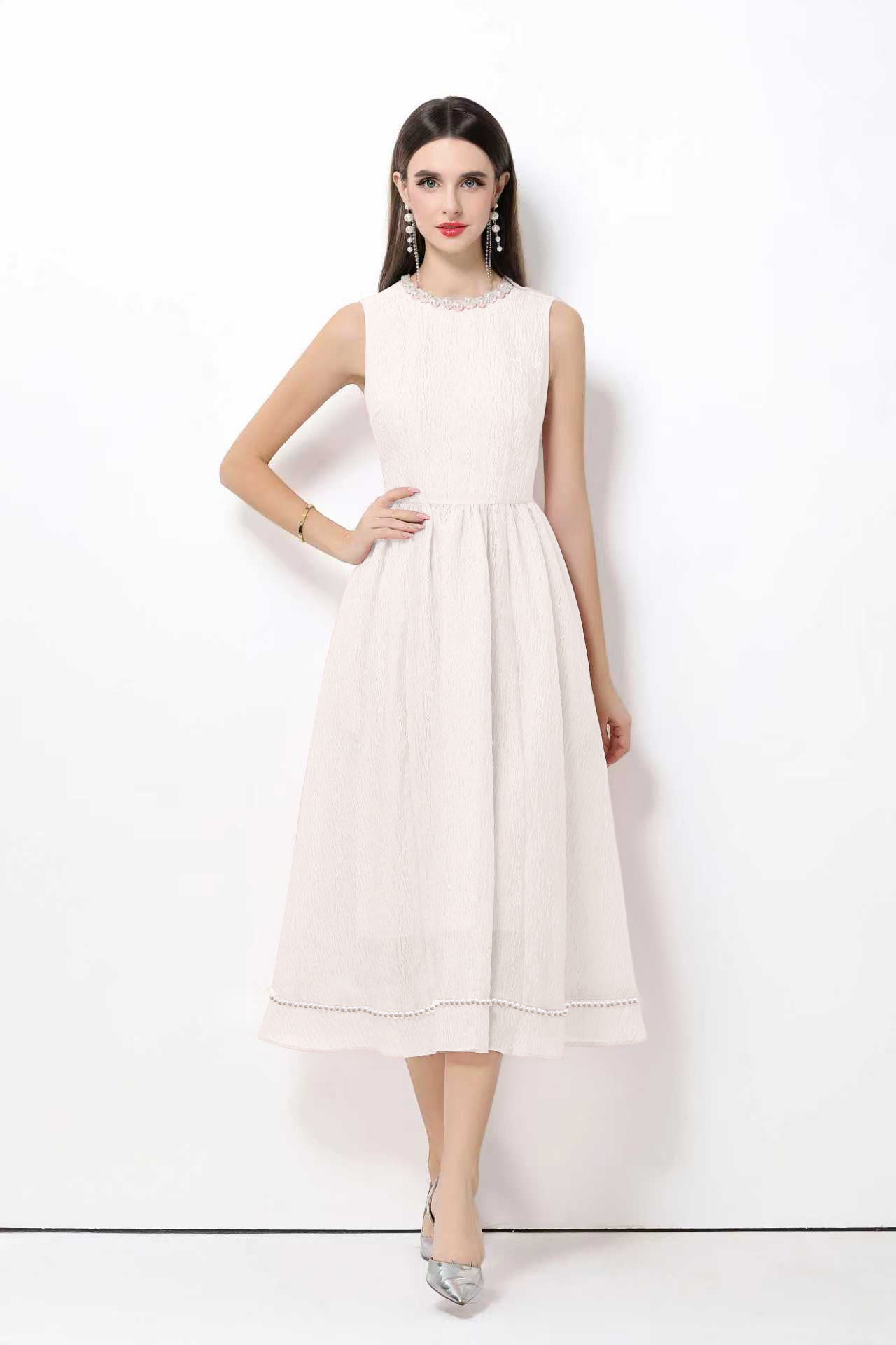 Elegant Pearl Trim A-Line Midi Dress - LAI MENG FIVE CATS