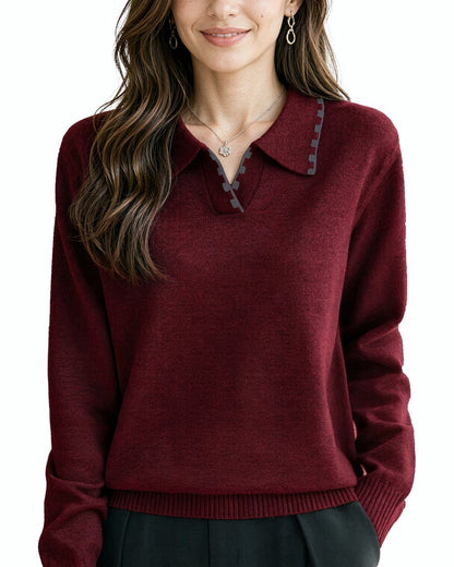 Elegant Contrast Trim Collared V-Neck Long Sleeve Knit Sweater