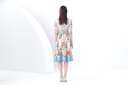 Women's Print Button Collar Short Sleeve Midi Dress