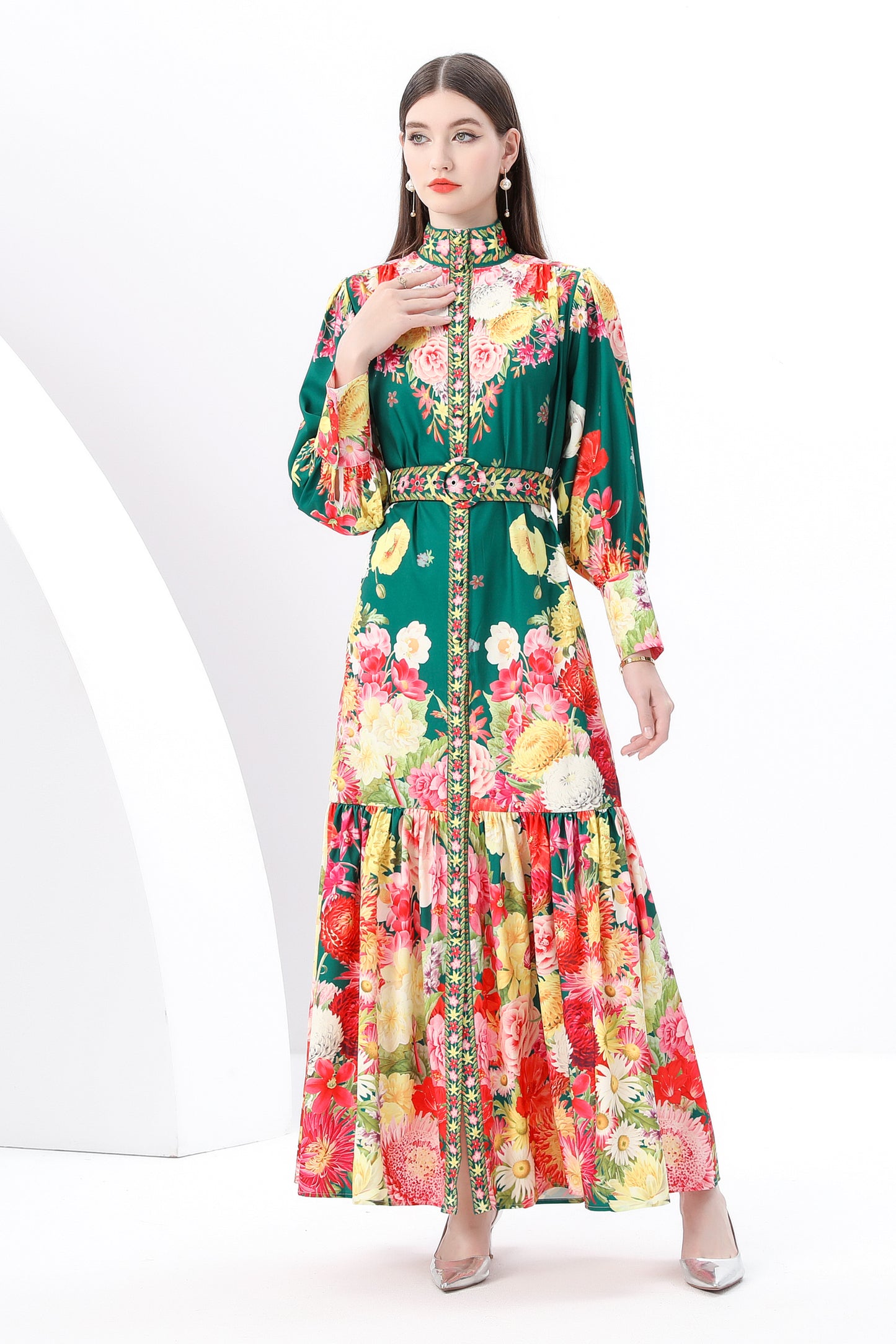 Women's Puff Sleeve Button Floral Pring Maxi Dress