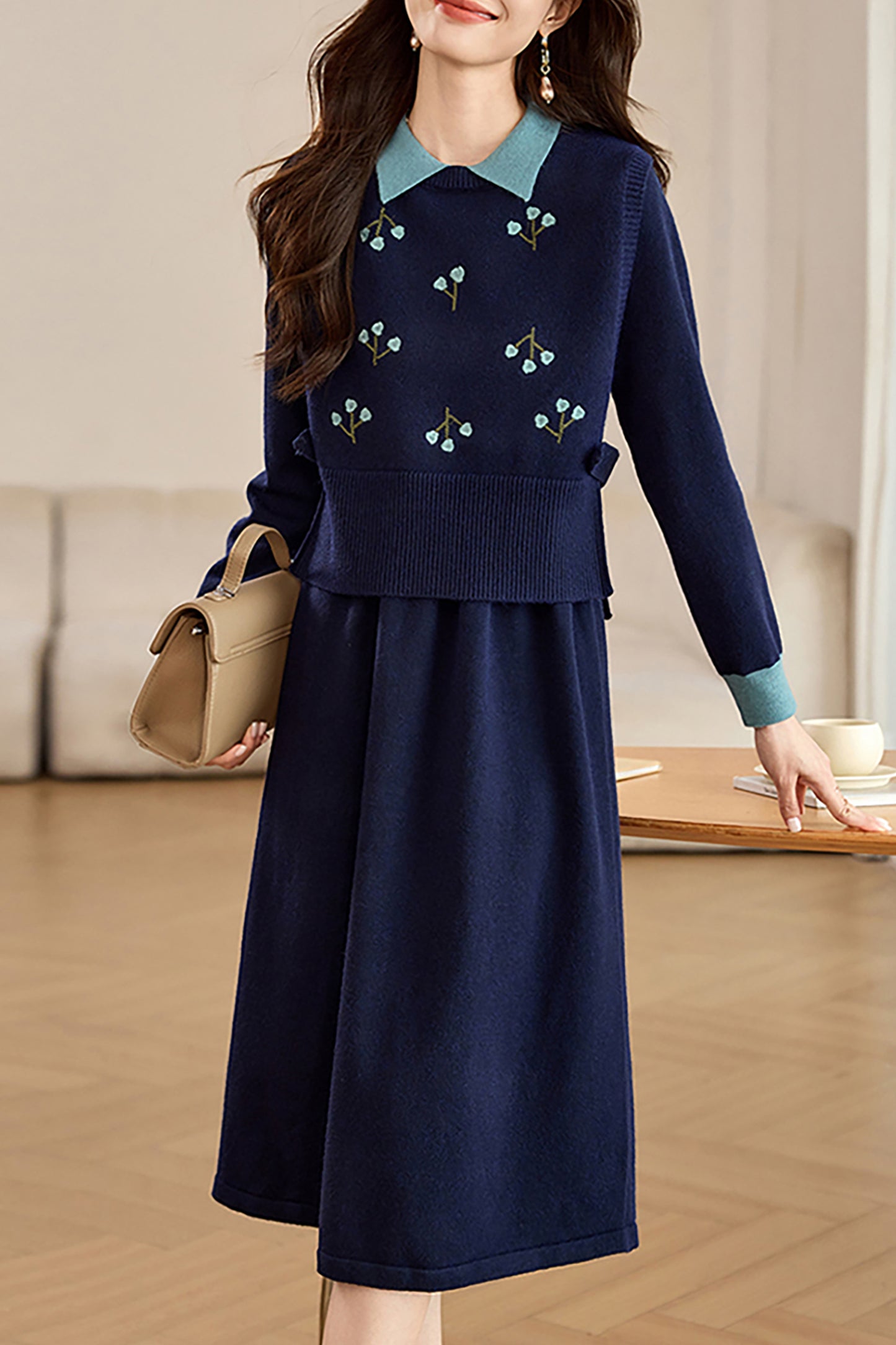 2 Piece Outfit Knit Tops Midi Dress