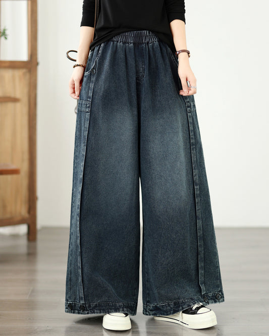 Vintage Wide Leg Pants - Women's Loose Fit Palazzo Trousers with Elastic Waist