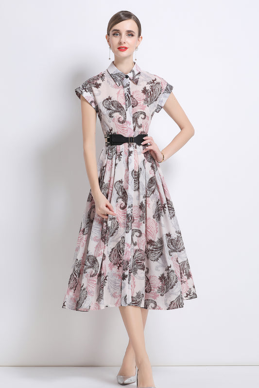 Women's Short Sleeves Collar Printed Buttons Midi Dress