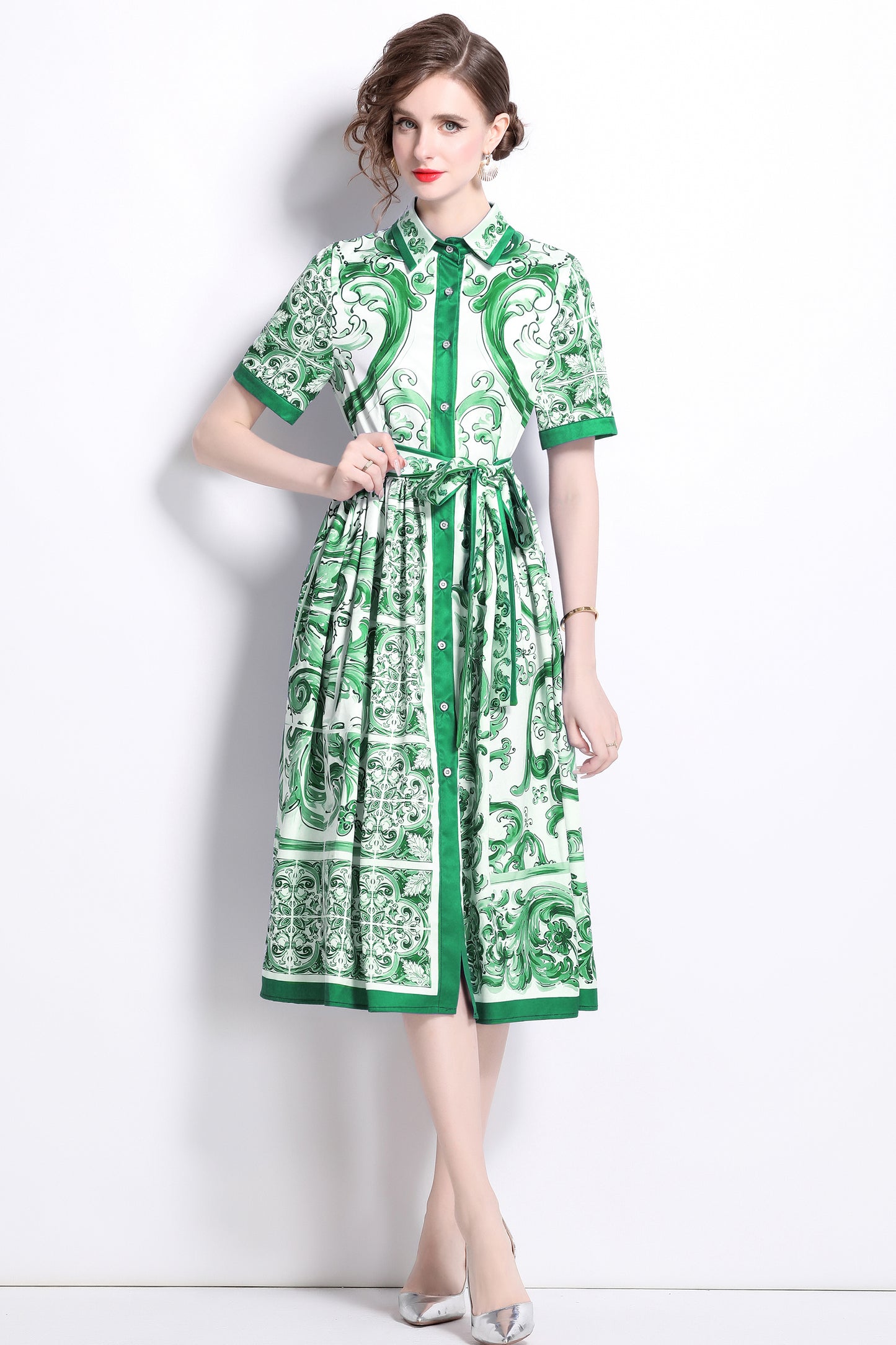 Women's Floral Print Short Sleeve Collar Midi Dress