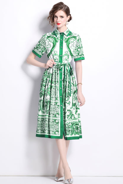 Women's Floral Print Short Sleeve Collar Midi Dress