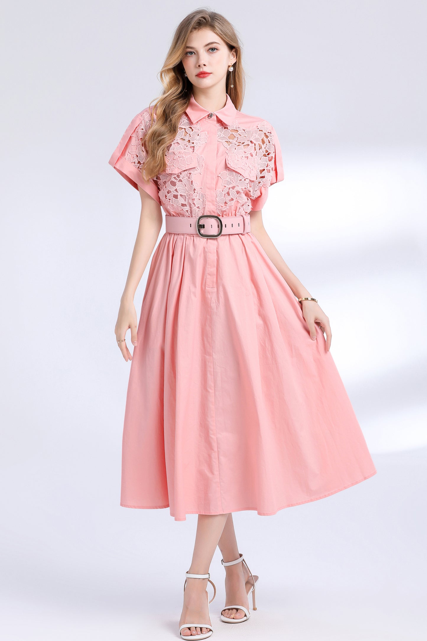 Women's Lace Collar Short Sleeves Pocket Midi Dress