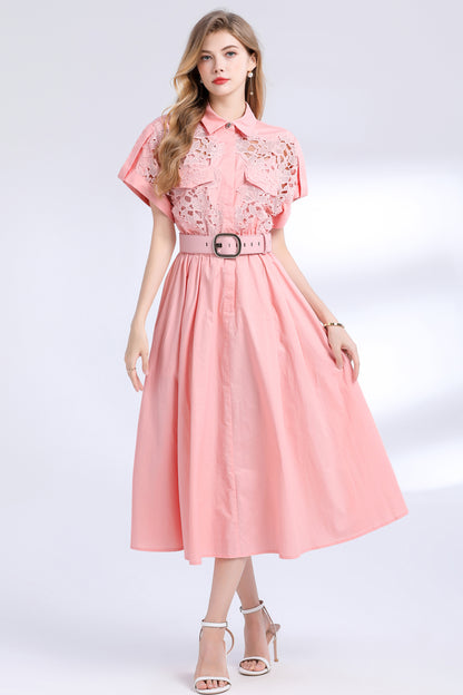 Women's Lace Collar Short Sleeves Pocket Midi Dress