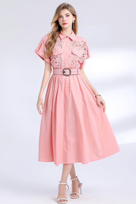 Women's Lace Collar Short Sleeves Pocket Midi Dress