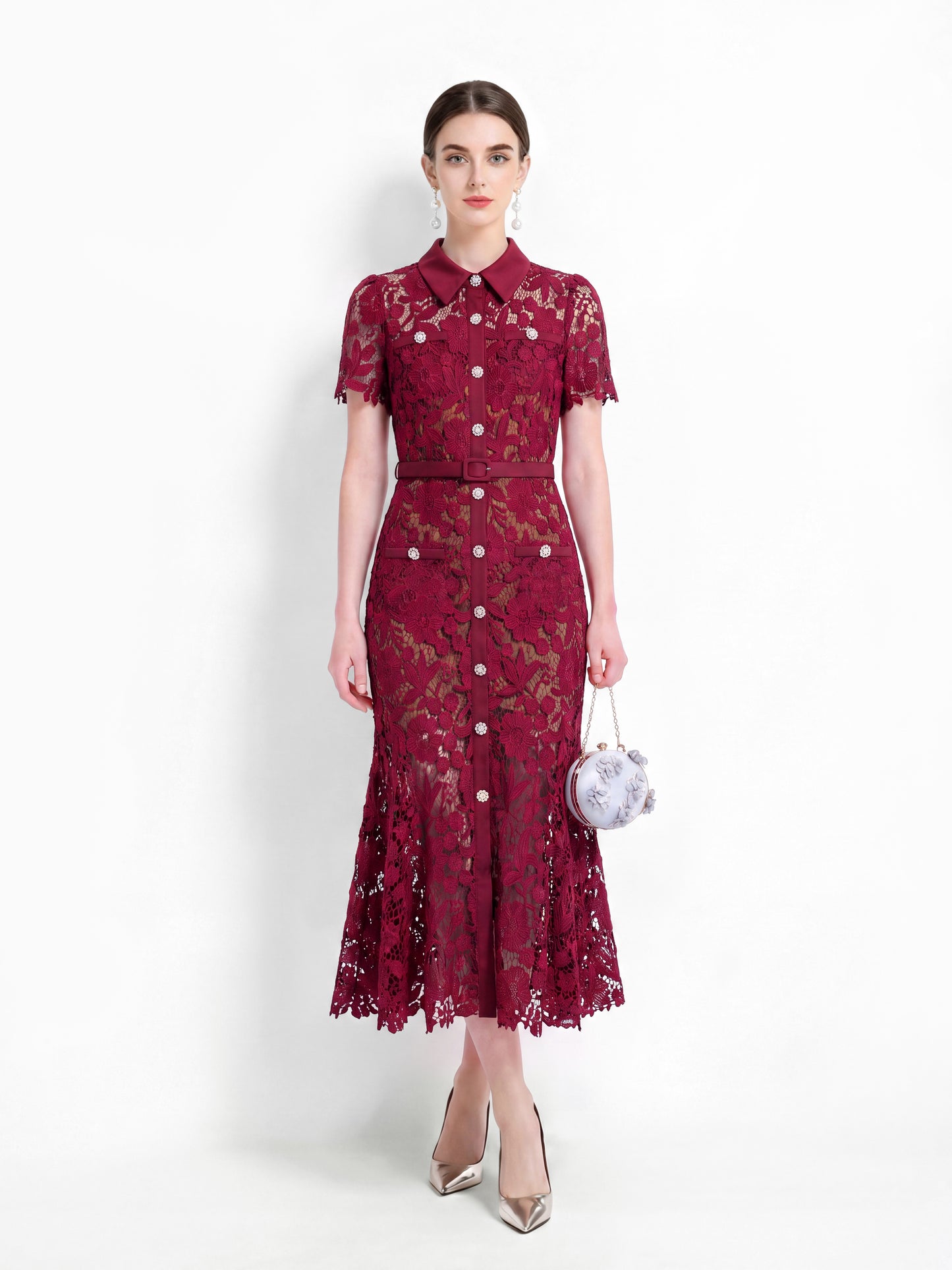 Lace Collared Belted Fishtail Dress | Wine Red