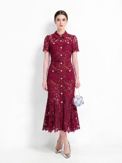 Lace Collared Belted Fishtail Dress | Wine Red