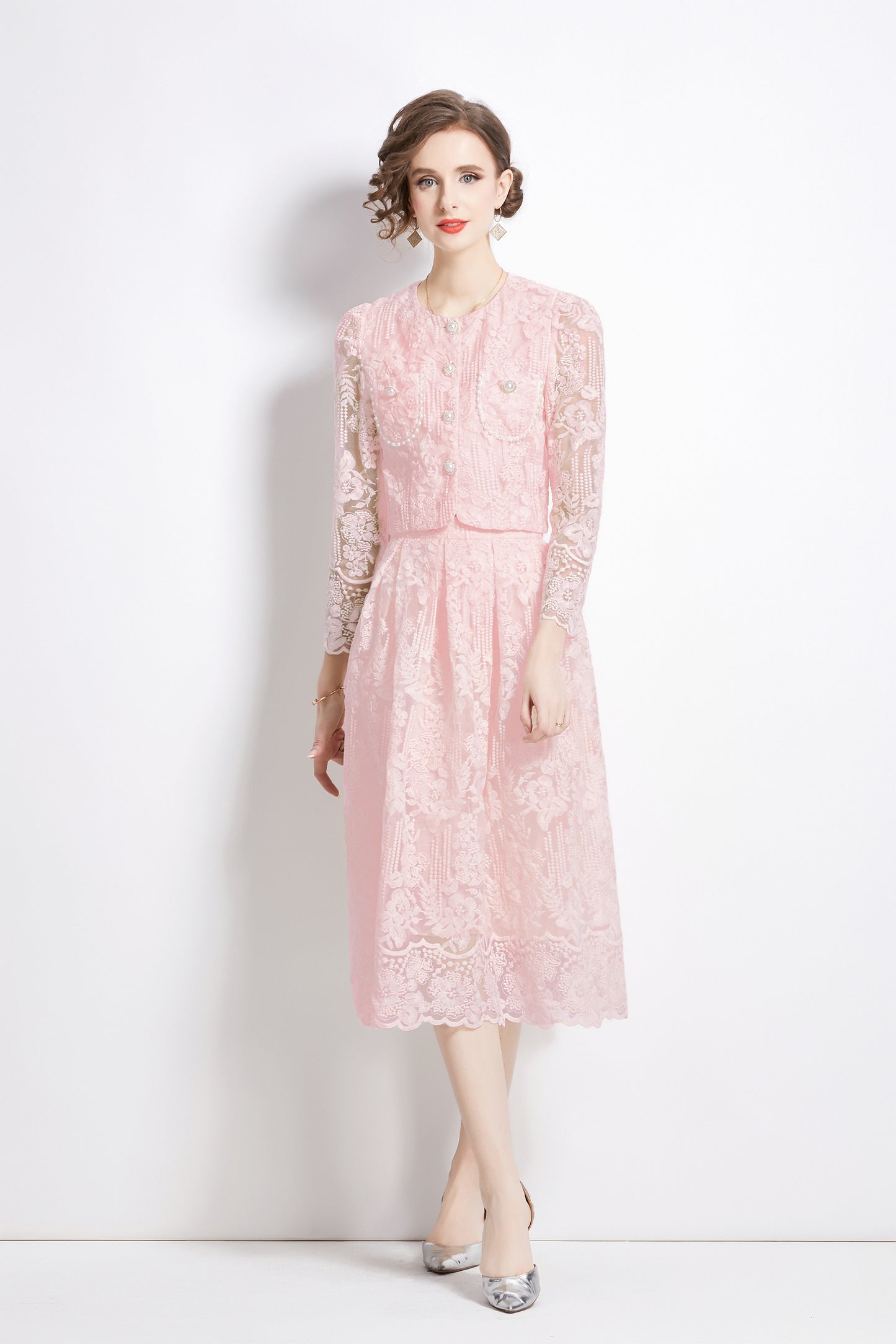 2 Pieces Chiffon Lace Button Midi Dress