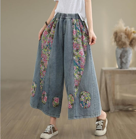 26-Women's Jeans Elastic Waist Wide Leg Denim