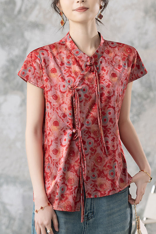 Women's Short Sleeve Print Satin Blouse Asymmetrical Top