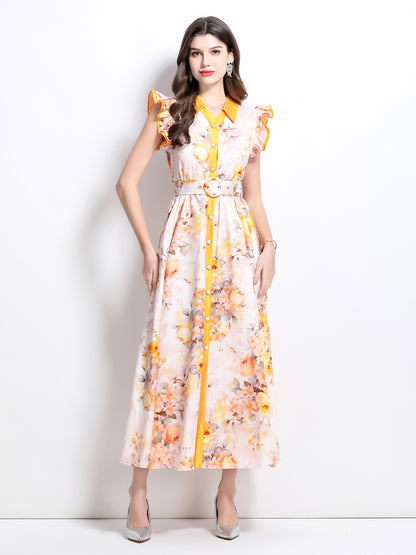 BK-Floral V Neck Sleeveless Ruffles Maxi Dresses