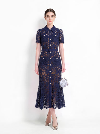 Navy Lace Mermaid Long Dress with Belt