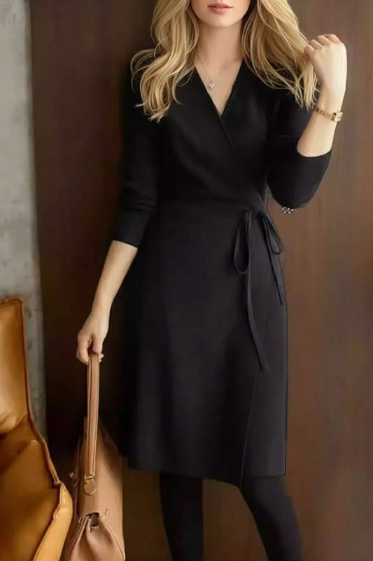 Women's Knit V Neck Sweater Wrap Midi Dress - LAI MENG FIVE CATS