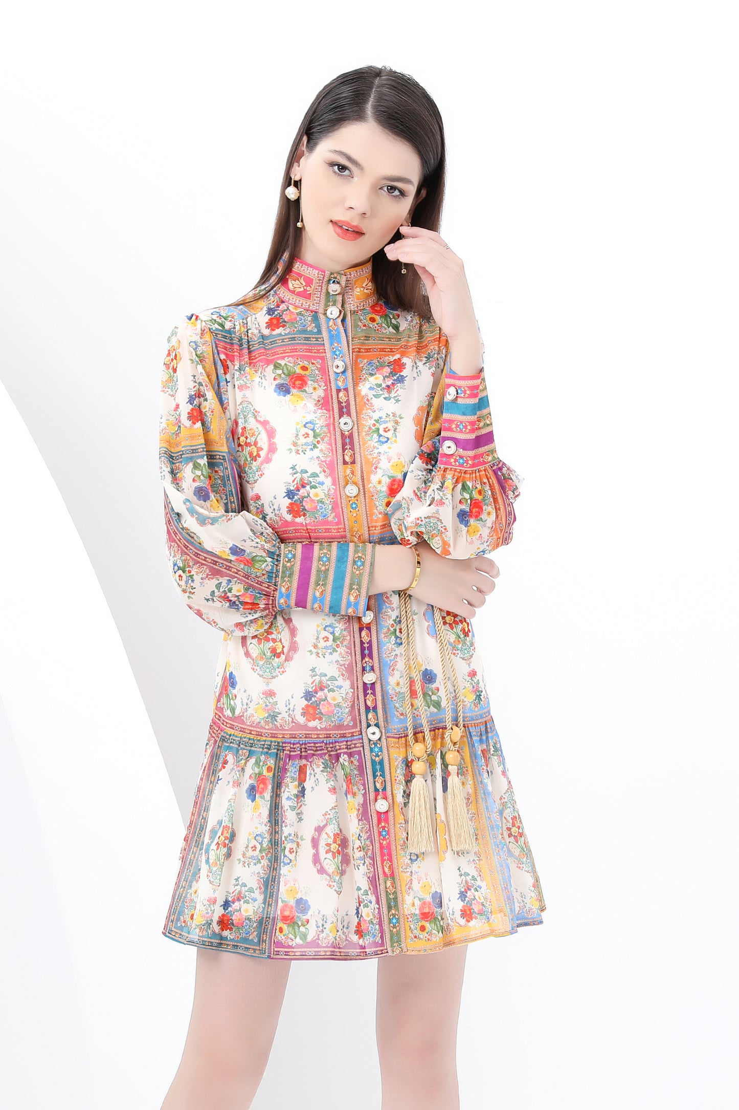 Women's Chiffon Floral Print Lantern Sleeve Mini Dress