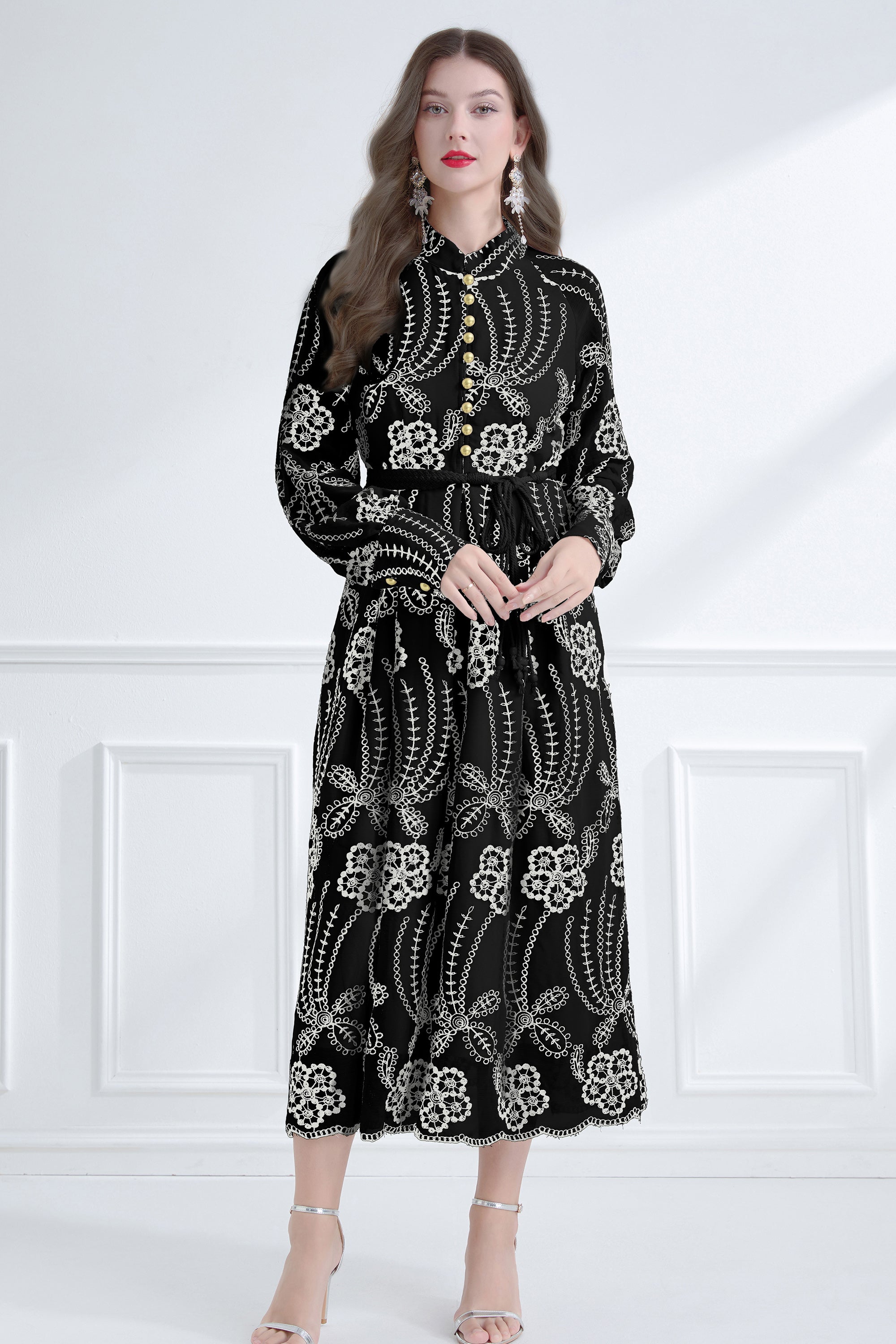 Women's Mandarin Collar Embroidered Button Maxi Dress – LAI MENG