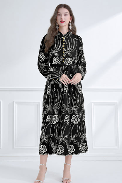 Women's Mandarin Collar Embroidered Button Maxi Dress