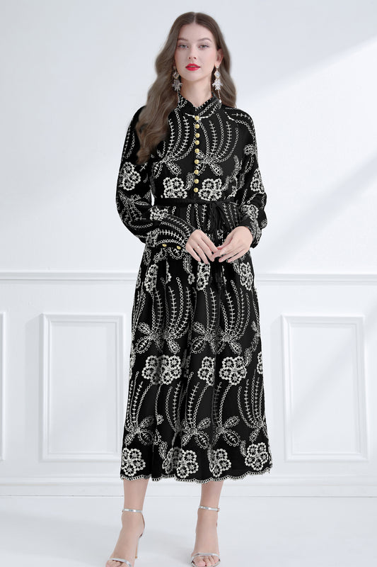 Women's Mandarin Collar Embroidered Button Maxi Dress