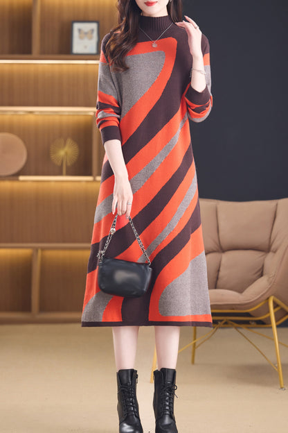 Long Sleeve A Line Casual Basic Knit Sweater Dress