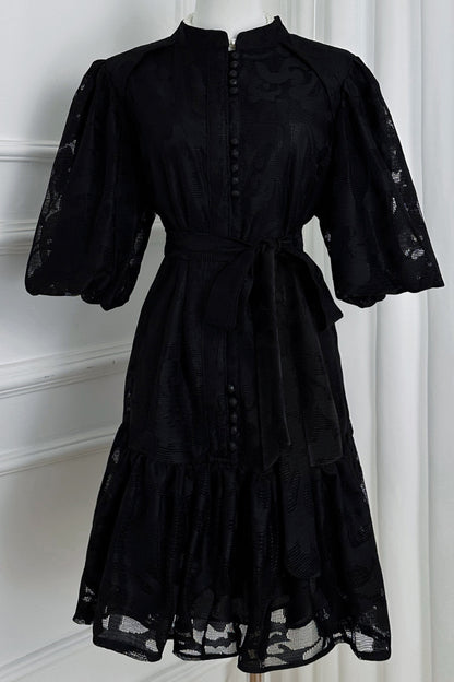 Women's Lace Puff Sleeve Ruffle Loose Mini Dress
