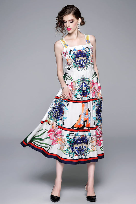 SSY-Womens Floral Print Spaghetti Strap Square Neck Dress