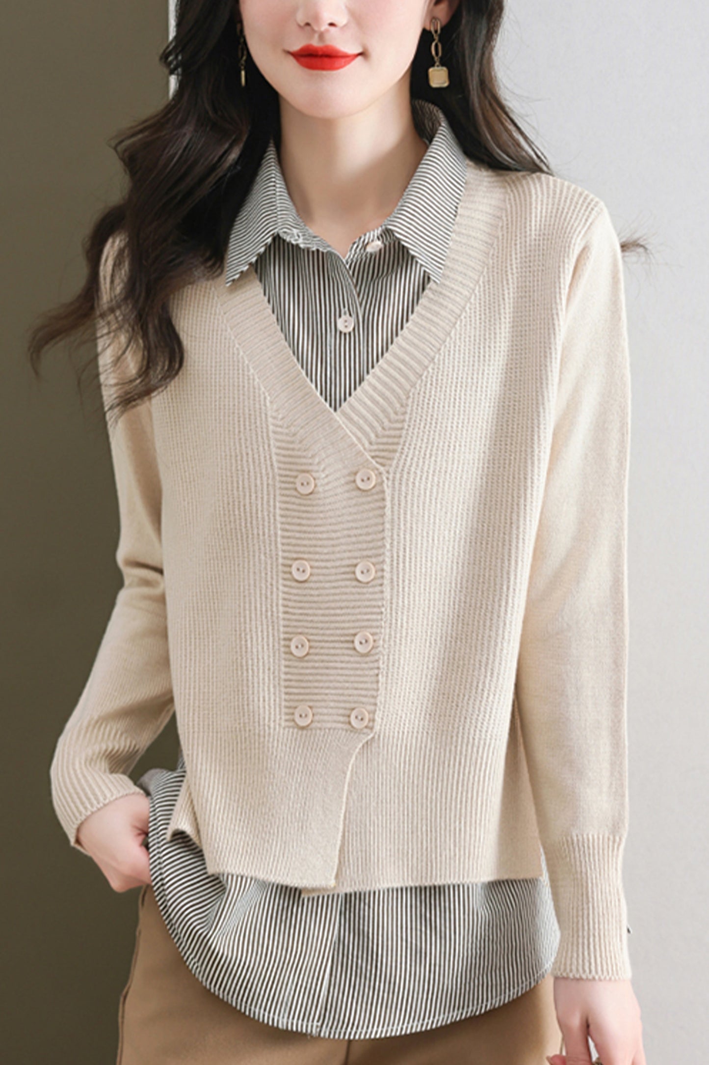 Women's Casual Patchwork Shirt Collar Long Sleeve Cotton Pullover Tops