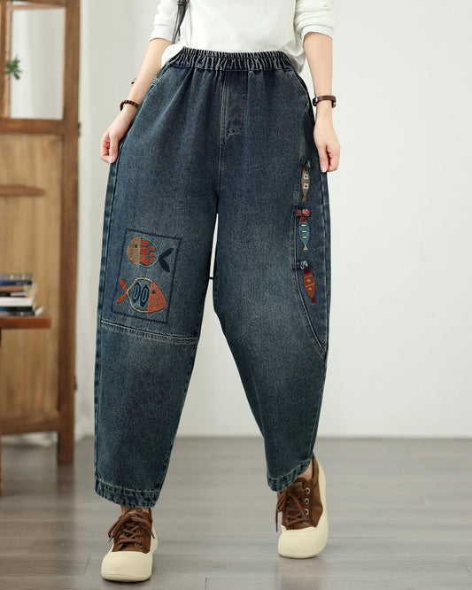 Vintage Wide-Leg Jeans Embroidered Denim Harem Pants - LAI MENG FIVE CATS