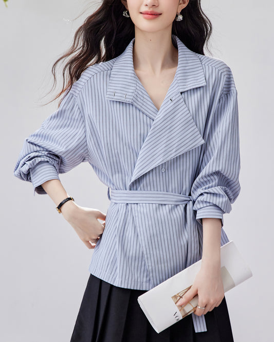Blue Striped Tie-Waist Shirt | Relaxed Fall Everyday Top