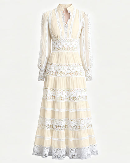 Women's Yellow V-Neck Boho Chic Lace Tiered Maxi Dress