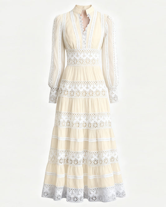 Women's Yellow V-Neck Boho Chic Lace Tiered Maxi Dress