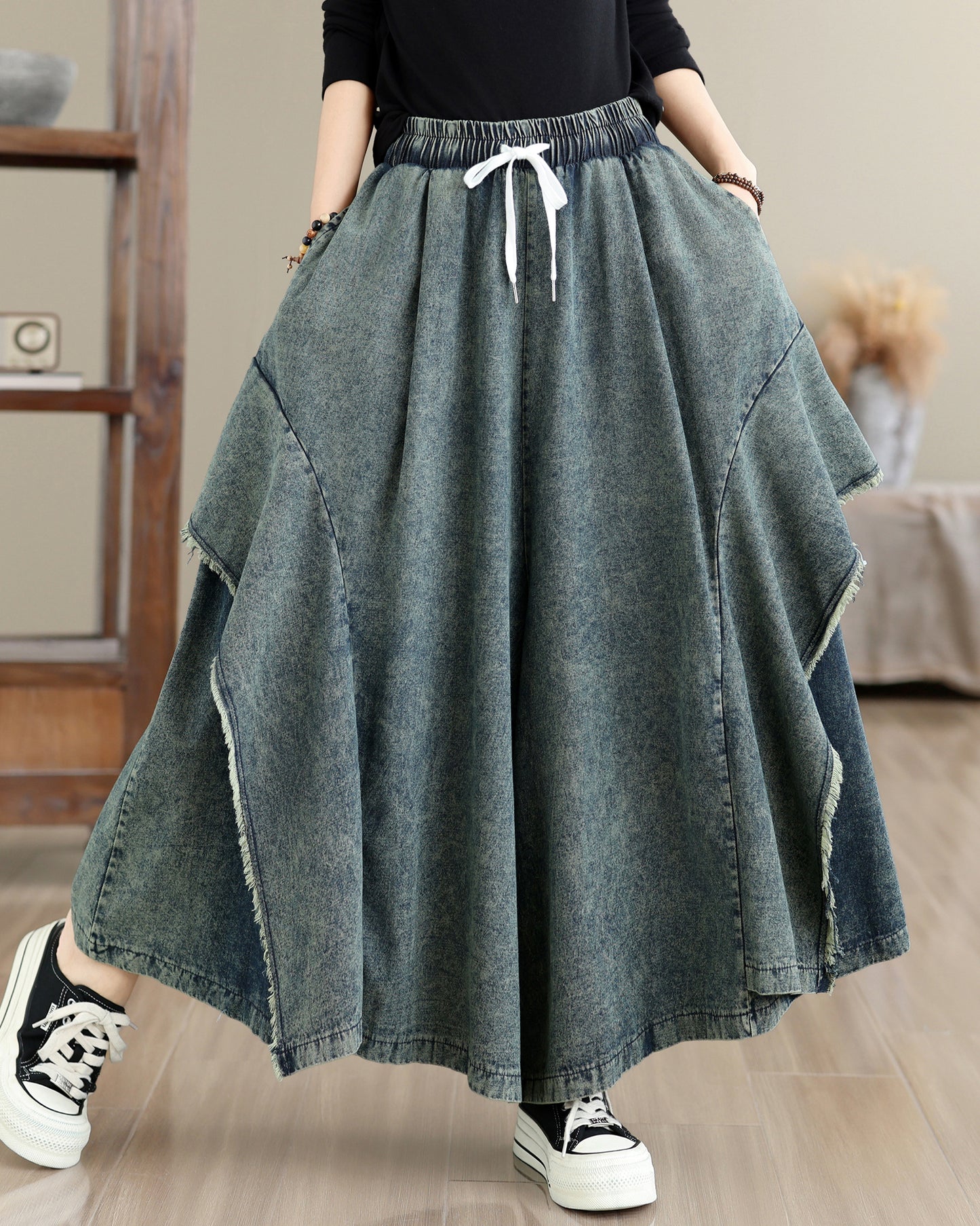Women Loose Denim Skirt Pants Baggy Elastic Waist Casual Wide Leg Jeans