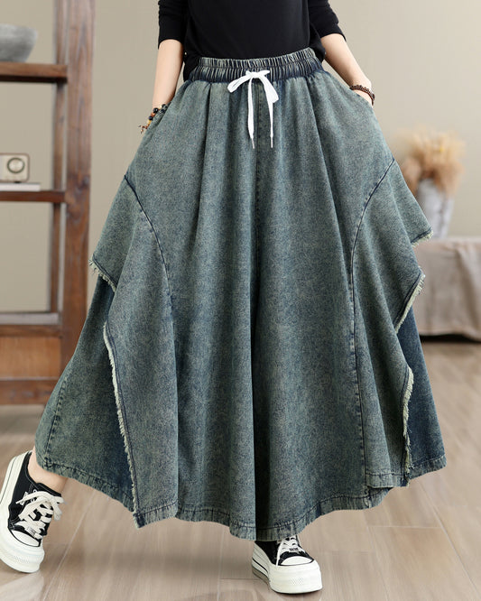 Women Loose Denim Skirt Pants Baggy Elastic Waist Casual Wide Leg Jeans - LAI MENG FIVE CATS